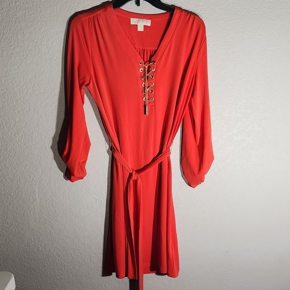 Michael Kors Dress Size M Longsleeve Peachish Gold Midi Belt